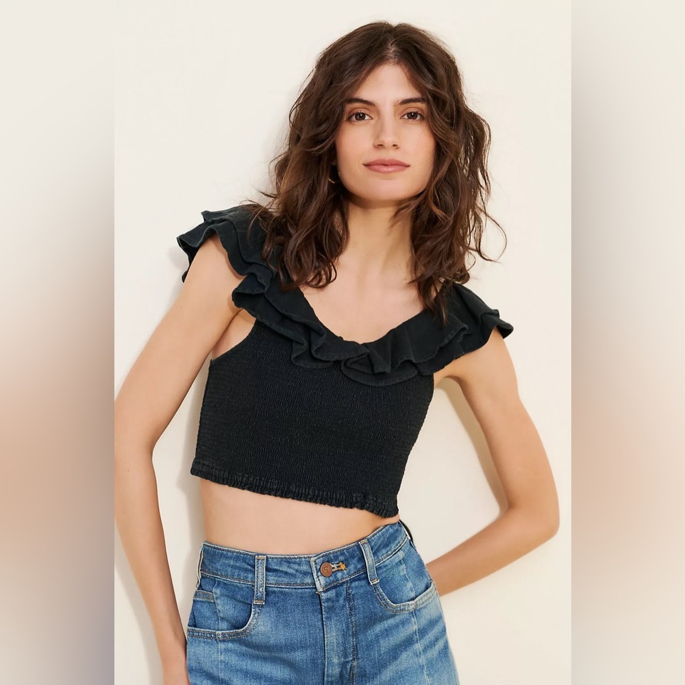 Maeve by Anthropologie Black Smocked Flutter Sleeve Crop Top - Size 8
